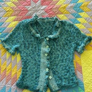 SALE❣️Green & Blue Crochet & Hand Knit Women's Cardigan. Fits many sizes.